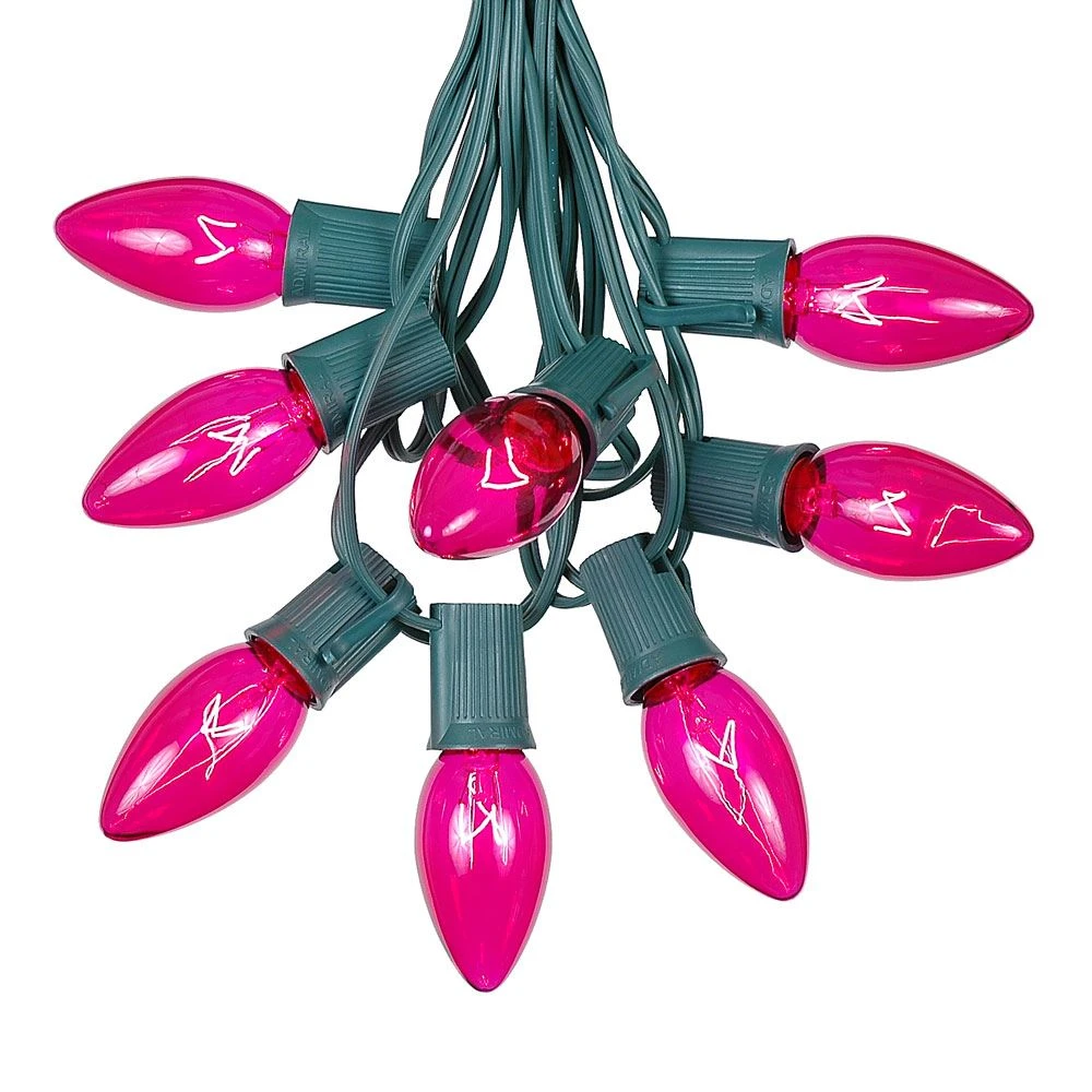 100 C9 Christmas Light Set - Pink Bulbs - Green Wire 2 100 C9 Christmas Light Set - Pink Bulbs - Green Wire - Image 2