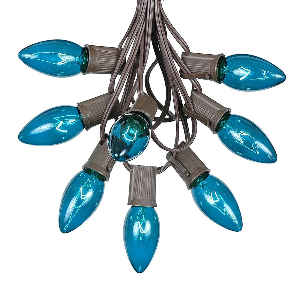 100 C9 Christmas Light Set - Teal Bulbs - Brown Wire 2 100 C9 Christmas Light Set - Teal Bulbs - Brown Wire - Image 2