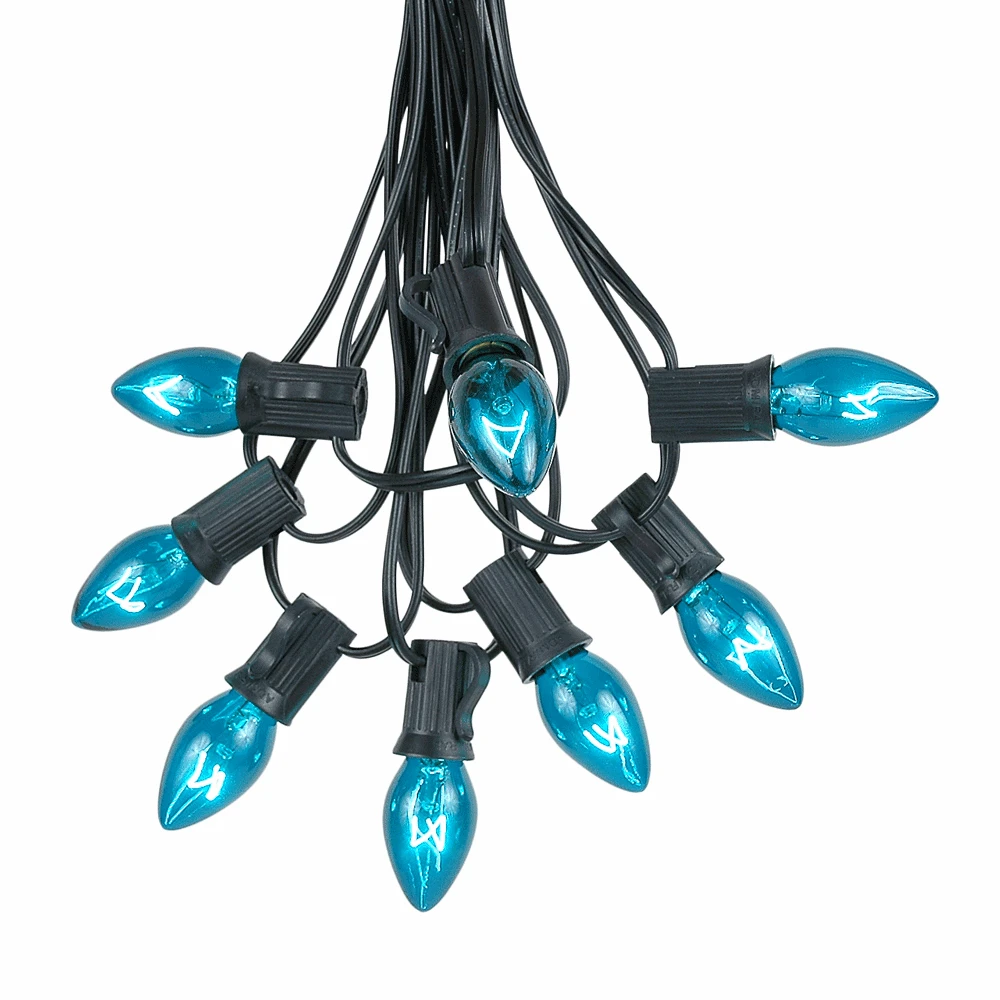 100 C7 String Light Set With Teal Bulbs On Black Wire 2 100 C7 String Light Set With Teal Bulbs On Black Wire - Image 2