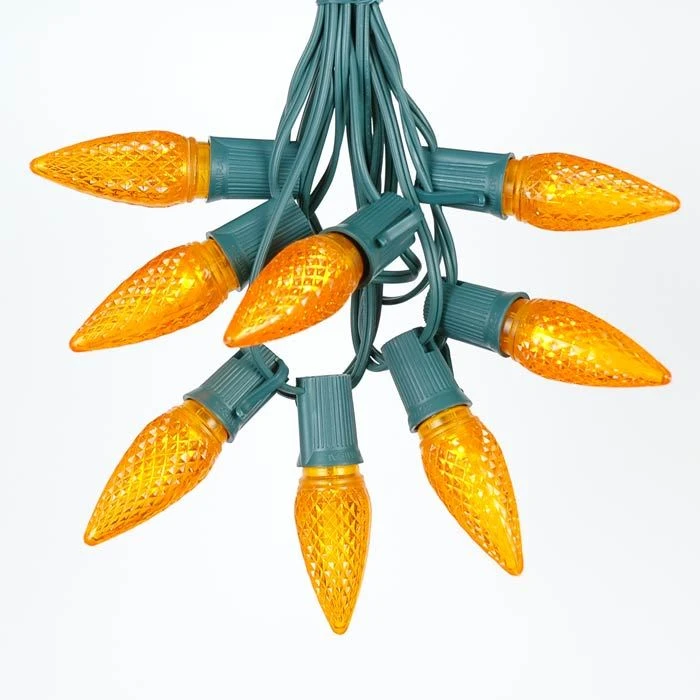 25 Light String Set With Amber (Orange) LED C9 Bulbs On Green Wire 2 25 Light String Set With Amber (Orange) LED C9 Bulbs On Green Wire - Image 2