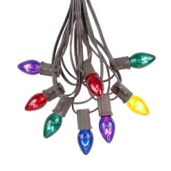C7 25 Light String Set With Multi-Colored Twinkle Bulbs On Brown Wire -Christmas Lights Series 0012914 c7 25 light string set with multi colored twinkle bulbs on brown wire