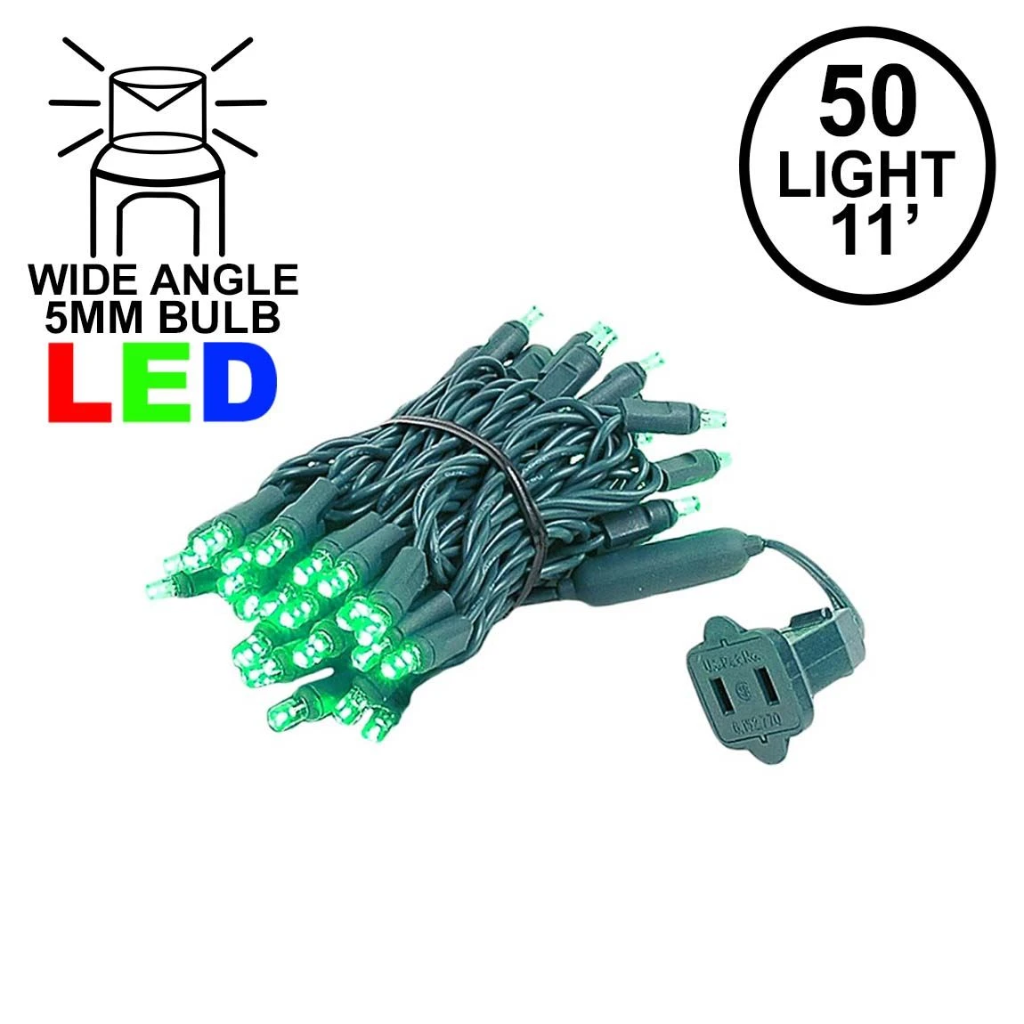 50 LED Green LED Christmas Lights 11' Long On Green Wire 1 50 LED Green LED Christmas Lights 11' Long On Green Wire