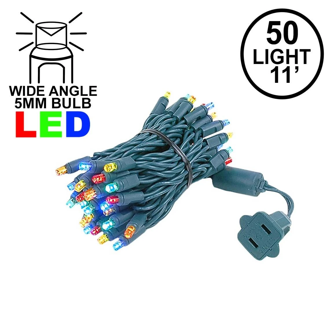 50 LED Multi LED Christmas Lights 11' Long On Green Wire 1 50 LED Multi LED Christmas Lights 11' Long On Green Wire