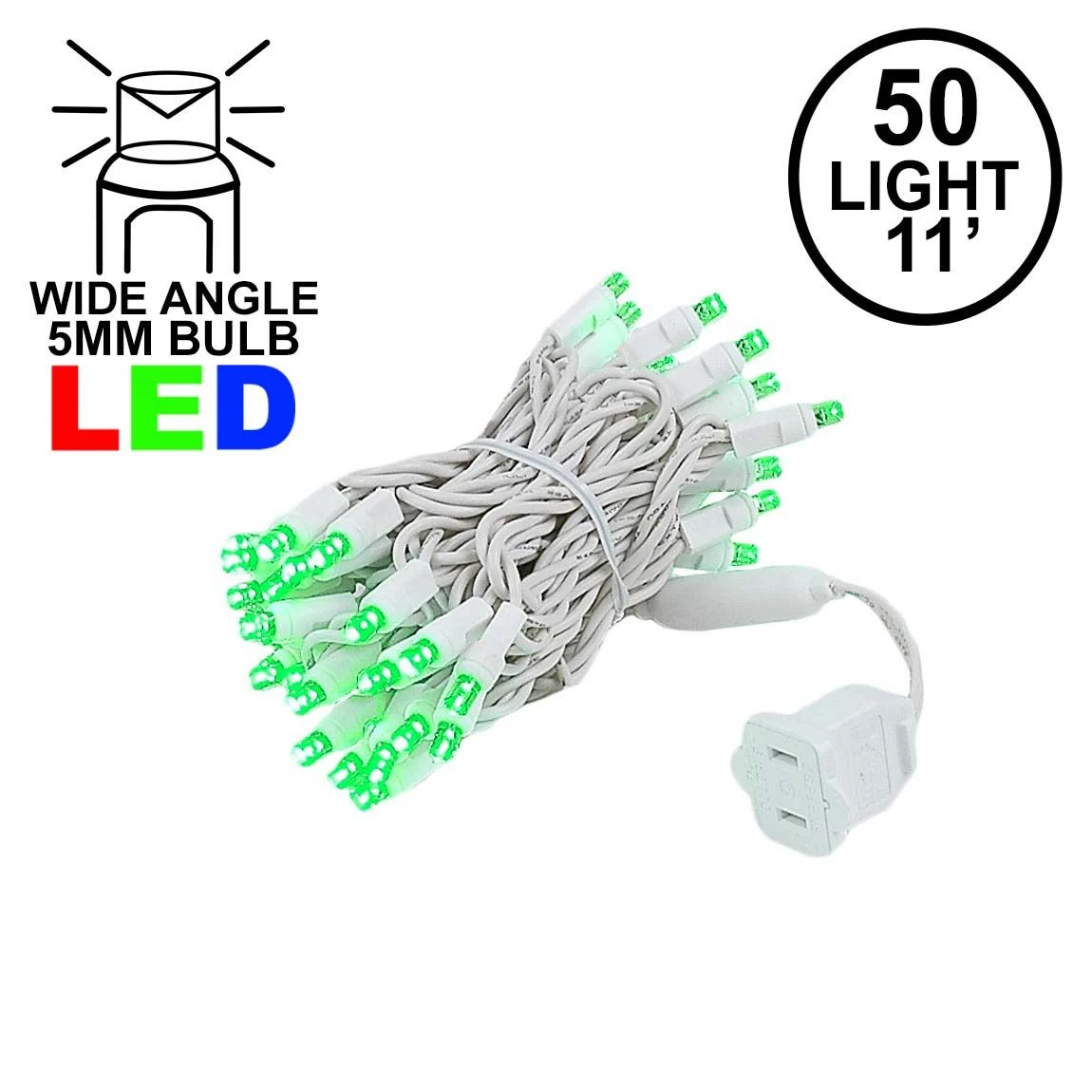 50 LED Green LED Christmas Lights 11' Long On White Wire 1 50 LED Green LED Christmas Lights 11' Long On White Wire