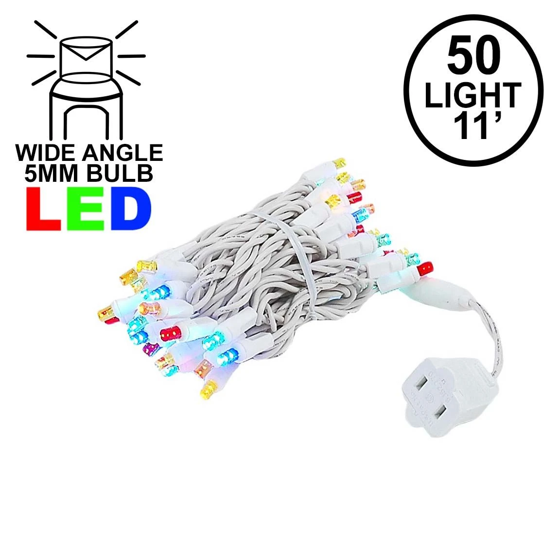 50 LED Multi LED Christmas Lights 11' Long On White Wire 1 50 LED Multi LED Christmas Lights 11' Long On White Wire