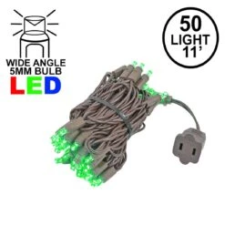 50 LED Green LED Christmas Lights 11' Long On Brown Wire
