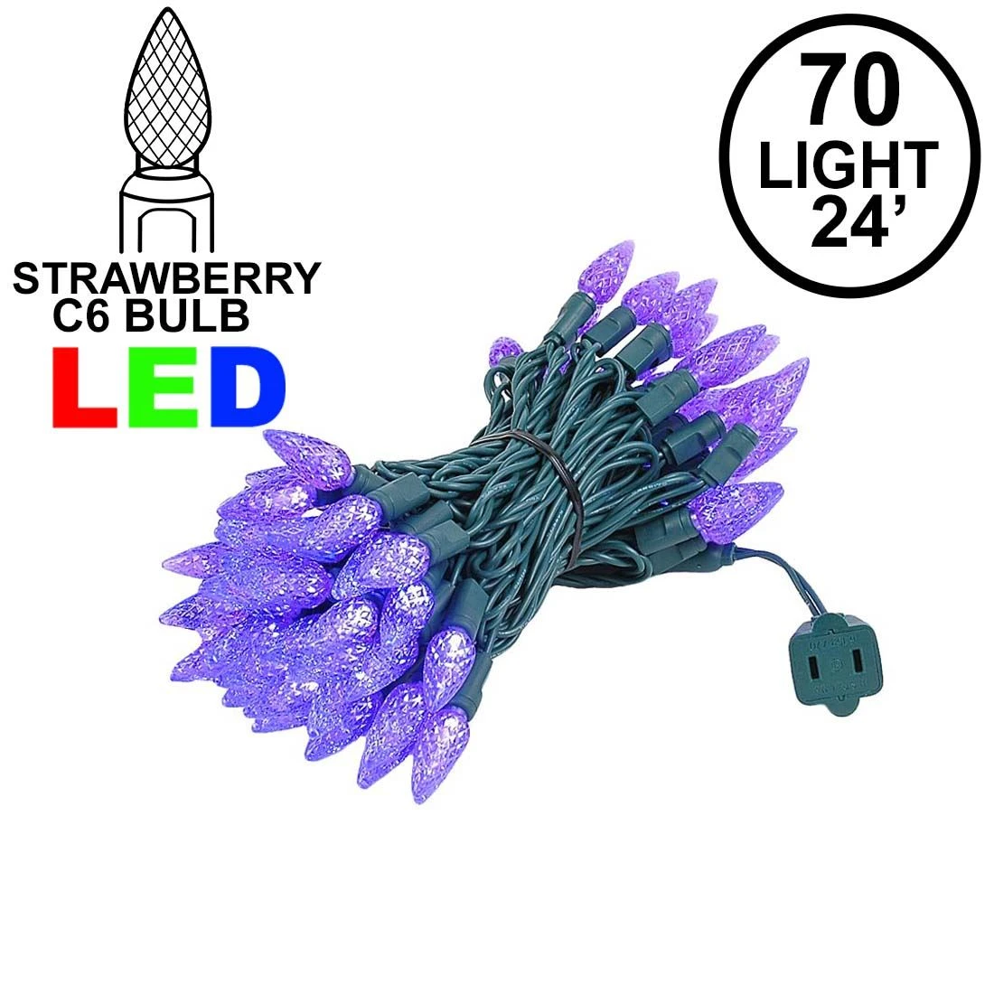 Purple 70 LED C6 Strawberry Mini Lights Commercial Grade On Green Wire 1 Purple 70 LED C6 Strawberry Mini Lights Commercial Grade On Green Wire
