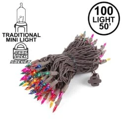 Multi Christmas Mini Lights 100 Light 50 Feet Long On Brown Wire