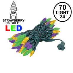 Purple Green And Yellow 70 LED C6 Strawberry Mini Lights Commercial Grade On Green Wire