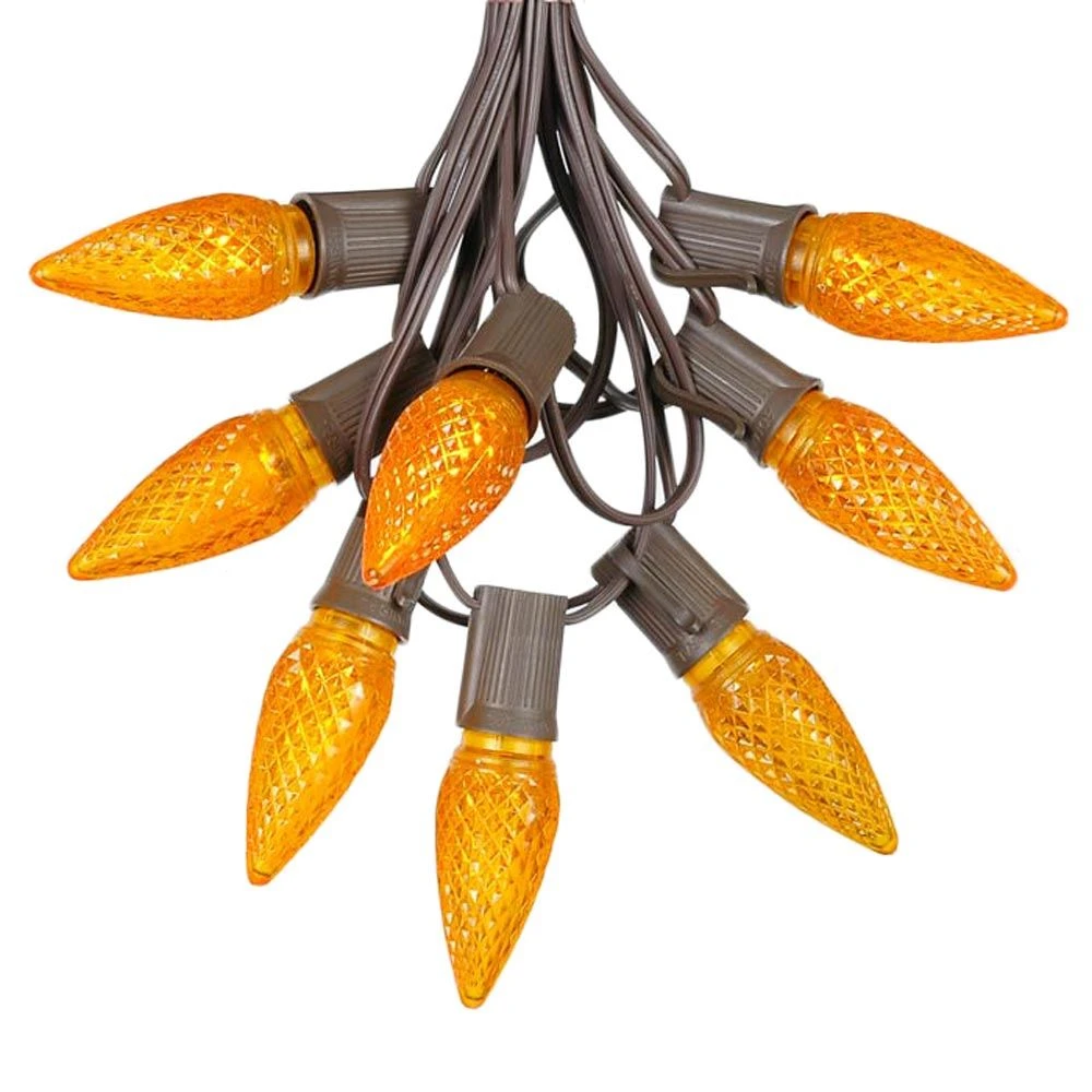 25 Light String Set With Amber (Orange) LED C9 Bulbs On Brown Wire 2 25 Light String Set With Amber (Orange) LED C9 Bulbs On Brown Wire - Image 2