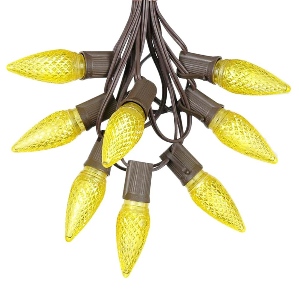 25 Light String Set With Yellow LED C9 Bulbs On Brown Wire 2 25 Light String Set With Yellow LED C9 Bulbs On Brown Wire - Image 2