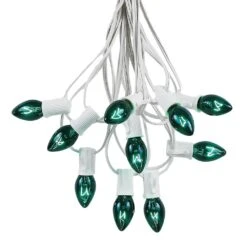 C7 25 Light String Set With Green Twinkle Bulbs On White Wire -Christmas Lights Series 0020236 c7 25 light string set with green twinkle bulbs on white wire