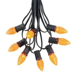 25 Light String Set With Amber/Orange LED C7 Bulbs On Black Wire -Christmas Lights Series 0020454 25 light string set with amberorange led c7 bulbs on black wire