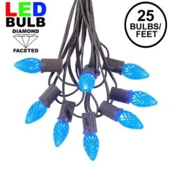 25 Light String Set With Blue LED C7 Bulbs On Brown Wire