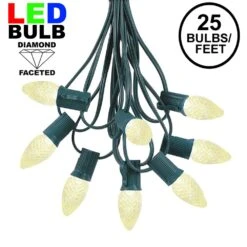 25 Light String Set With Warm White LED C7 Bulbs On Green Wire