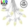 25 Light String Set With Warm White LED C7 Bulbs On White Wire