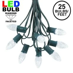 25 Light String Set With Pure White LED C7 Bulbs On Green Wire
