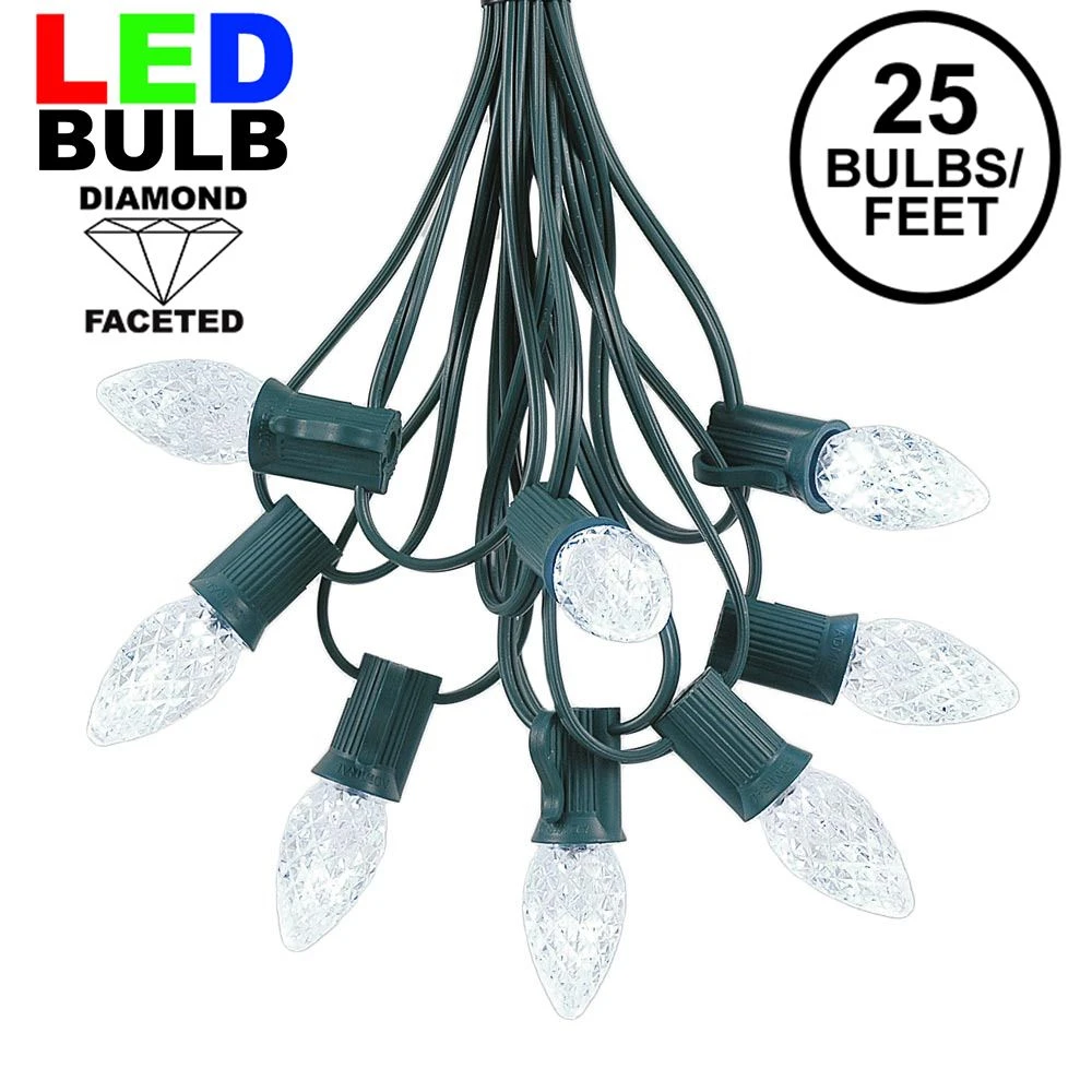 25 Light String Set With Pure White LED C7 Bulbs On Green Wire 1 25 Light String Set With Pure White LED C7 Bulbs On Green Wire