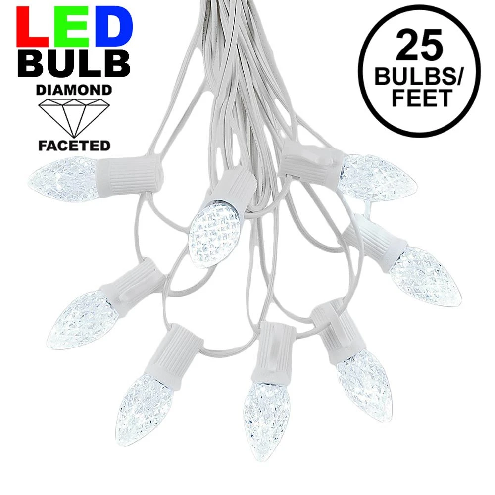 25 Light String Set With Pure White LED C7 Bulbs On White Wire 1 25 Light String Set With Pure White LED C7 Bulbs On White Wire