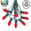 25 Light String Set With Red LED C7 Bulbs On Green Wire