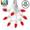 25 Light String Set With Red LED C7 Bulbs On White Wire