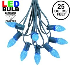 25 Light String Set With Blue LED C7 Bulbs On Green Wire