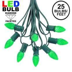 25 Light String Set With Green LED C7 Bulbs On Green Wire