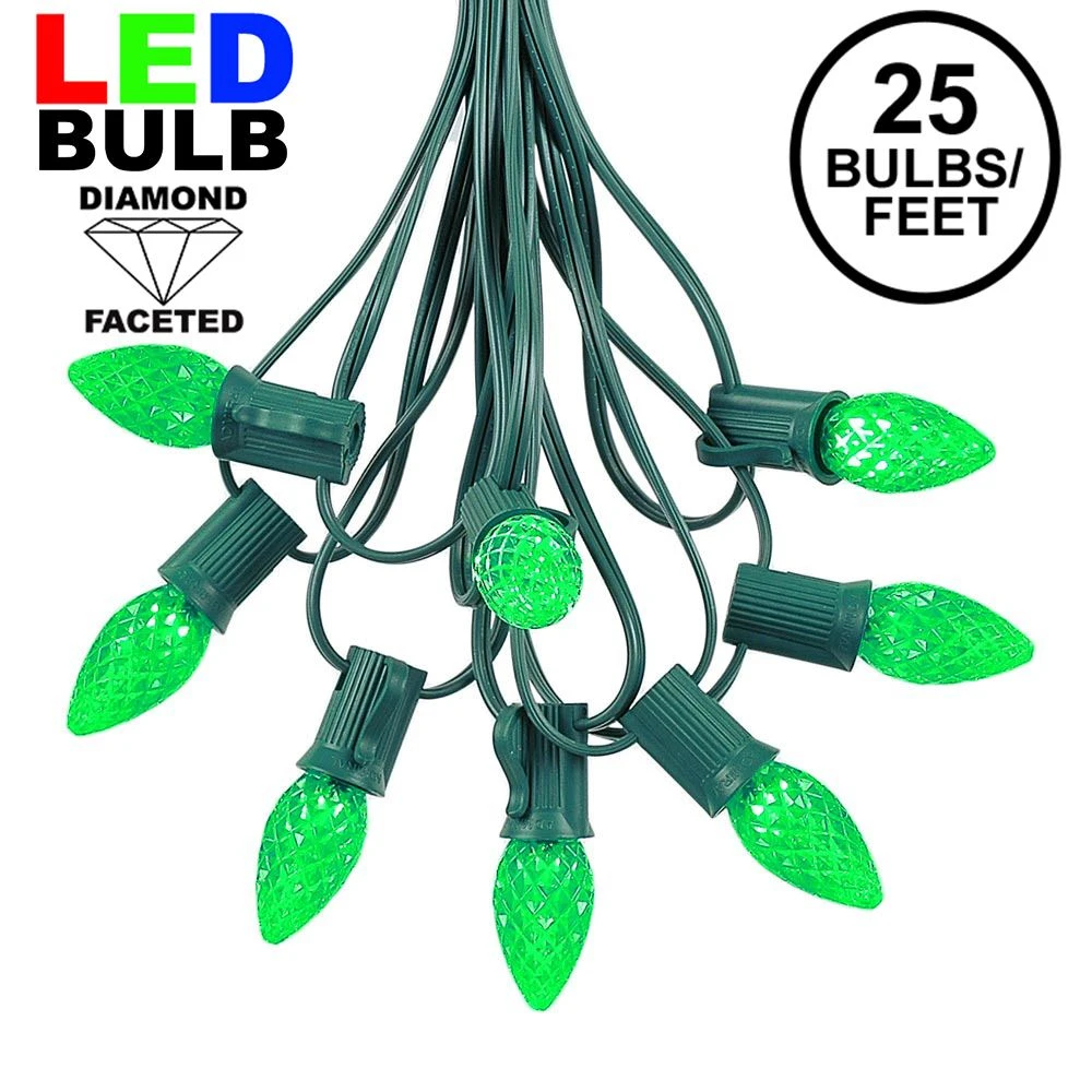 25 Light String Set With Green LED C7 Bulbs On Green Wire 1 25 Light String Set With Green LED C7 Bulbs On Green Wire