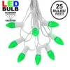 25 Light String Set With Green LED C7 Bulbs On White Wire