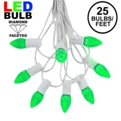 25 Light String Set With Green LED C7 Bulbs On White Wire
