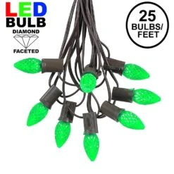 25 Light String Set With Green LED C7 Bulbs On Brown Wire