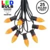 25 Light String Set With Amber/Orange LED C7 Bulbs On Black Wire