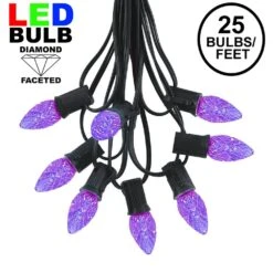 25 Light String Set With Purple LED C7 Bulbs On Black Wire