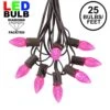 25 Light String Set With Pink LED C7 Bulbs On Brown Wire