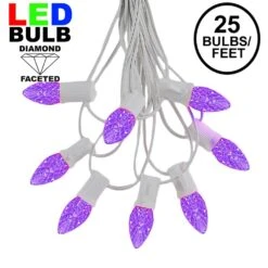 25 Light String Set With Purple LED C7 Bulbs On White Wire
