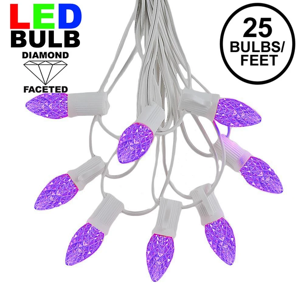 25 Light String Set With Purple LED C7 Bulbs On White Wire 1 25 Light String Set With Purple LED C7 Bulbs On White Wire