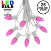 25 Light String Set With Pink LED C7 Bulbs On White Wire