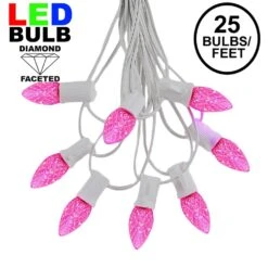 25 Light String Set With Pink LED C7 Bulbs On White Wire