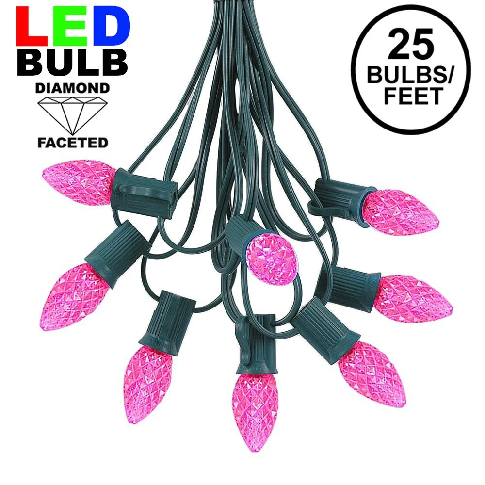 25 Light String Set With Pink LED C7 Bulbs On Green Wire 1 25 Light String Set With Pink LED C7 Bulbs On Green Wire