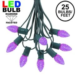 25 Light String Set With Purple LED C7 Bulbs On Green Wire