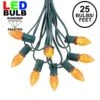 25 Light String Set With Amber/Orange LED C7 Bulbs On Green Wire