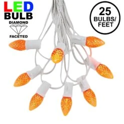 25 Light String Set With Amber/Orange LED C7 Bulbs On White Wire