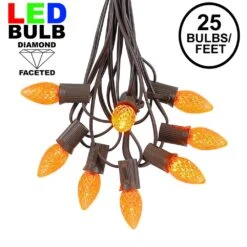 25 Light String Set With Amber/Orange LED C7 Bulbs On Brown Wire