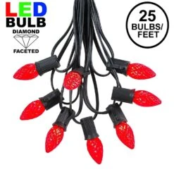 25 Light String Set With Red LED C7 Bulbs On Black Wire