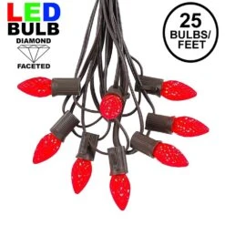 25 Light String Set With Red LED C7 Bulbs On Brown Wire