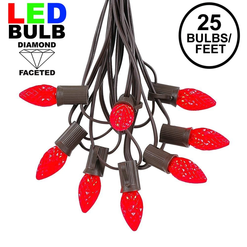 25 Light String Set With Red LED C7 Bulbs On Brown Wire 1 25 Light String Set With Red LED C7 Bulbs On Brown Wire