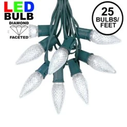 25 Light String Set With Pure White LED C9 Bulbs On Green Wire
