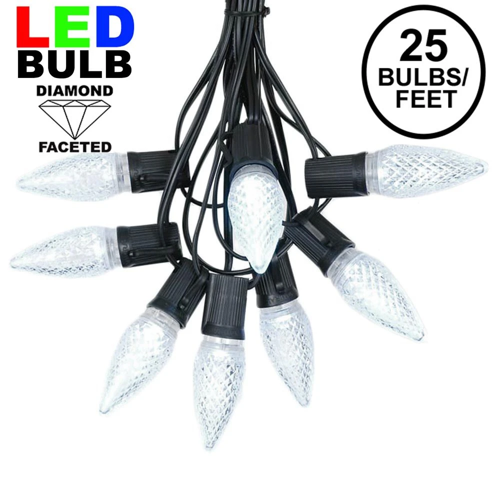 25 Light String Set With Pure White LED C9 Bulbs On Black Wire 1 25 Light String Set With Pure White LED C9 Bulbs On Black Wire