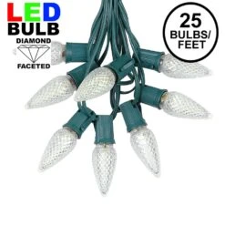 25 Light String Set With Warm White LED C9 Bulbs On Green Wire