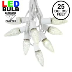 25 Light String Set With Warm White LED C9 Bulbs On White Wire